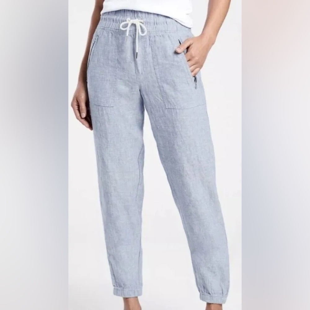 Athleta Cabo Linen Summer Vacation Light Blue Chambray Jogger Pants Size 4